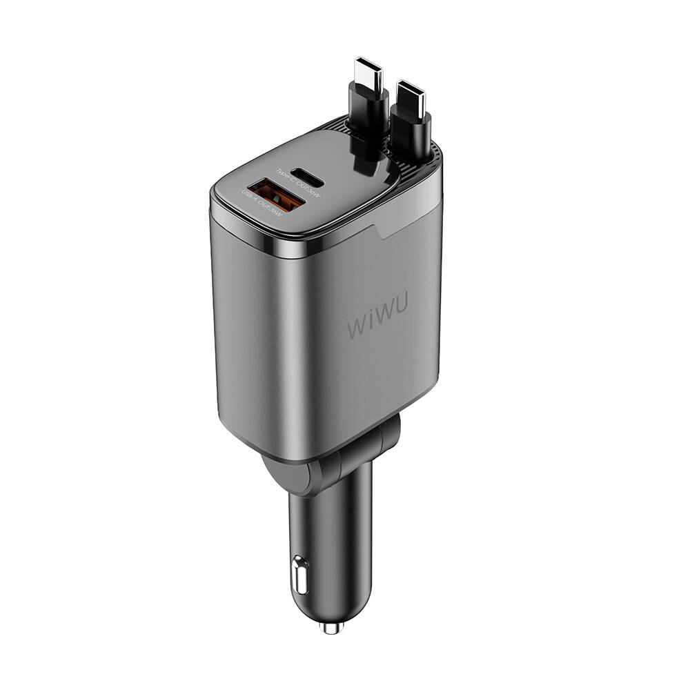 Wiwu Wi-CC034 Type-C + USB-A Hızlı Şarj Özellikli GaN Teknolojili Dahili Kablolu Araç Şarj Aleti 111W - 1