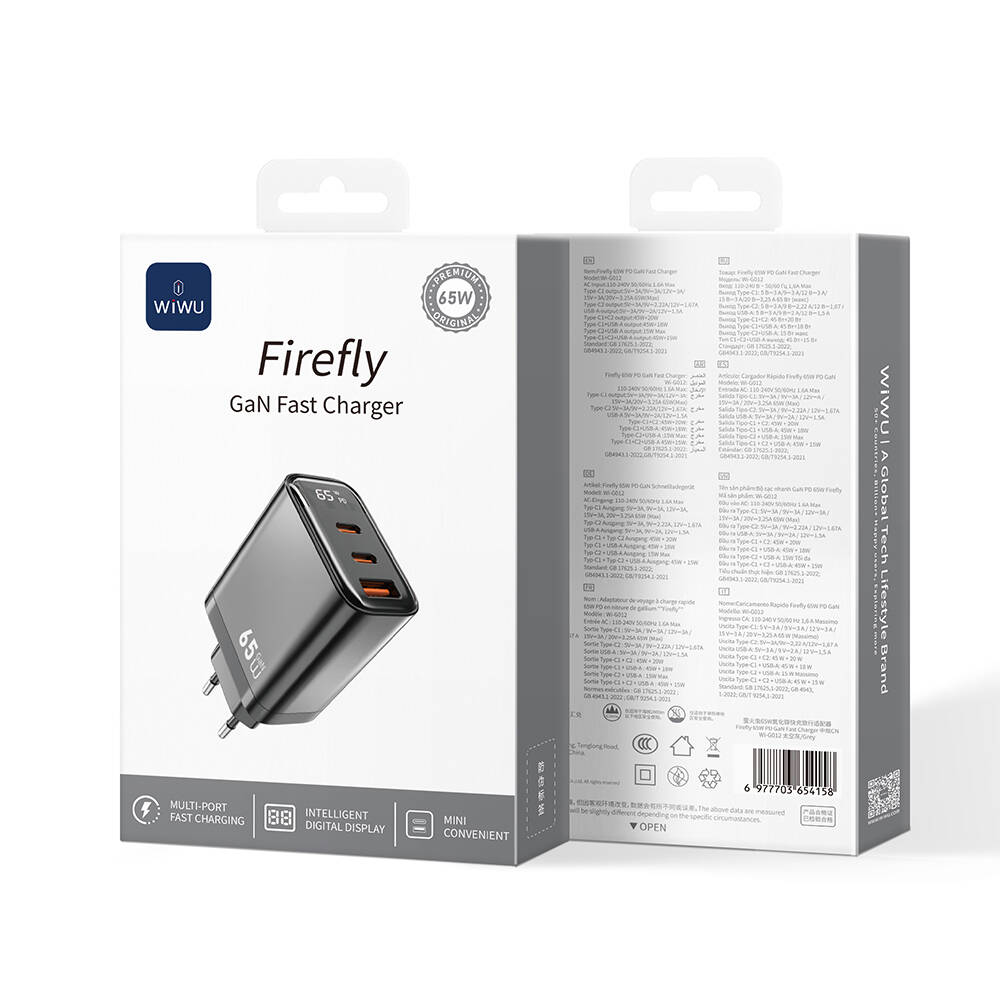 Wiwu Wi-G012 Firefly Serisi Dual Type-C PD & USB-A GaN Teknolojili Hızlı Şarj Başlığı 65W - 3