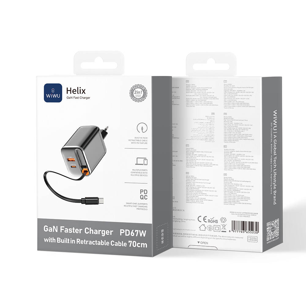 Wiwu Wi-G020 Helix Serisi GaN Teknolojili Hızlı Şarj Başlığı USB-A to Type-C PD 67W Type-C Kablolu Şarj Seti - 3