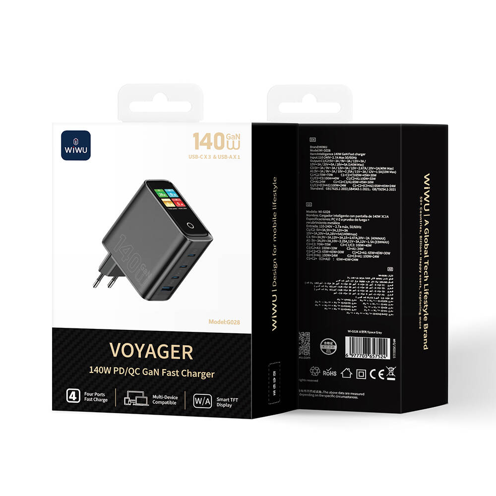 Wiwu Wi-G028 Voyager Serisi GaN Teknolojili PDQC TFT Göstergeli Hızlı Şarj Başlığı 140W - 3