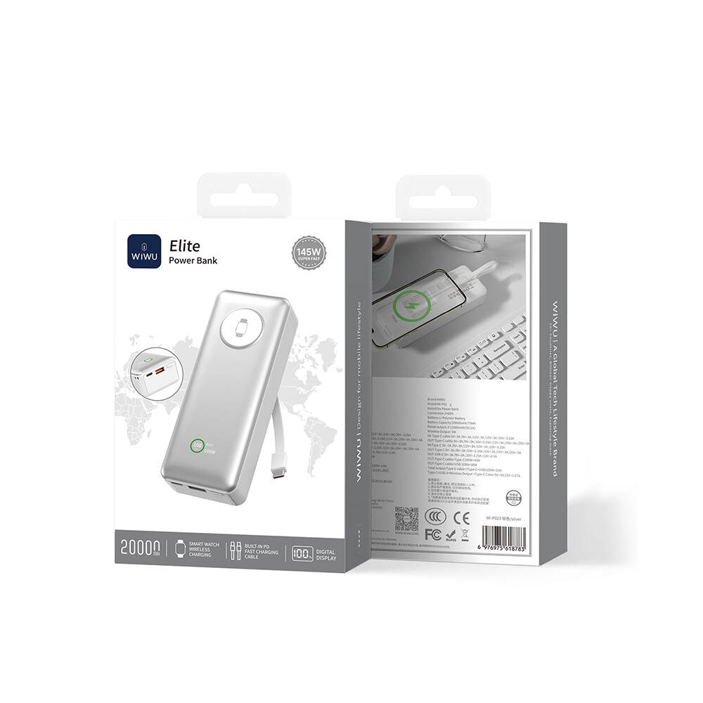Wiwu Wi-P023 Elite Serisi Dijital LED Göstergeli Akıllı Saat Kablosuz Şarj Özellikli Taşınabilir Powerbank 20000mAh 145W - 8