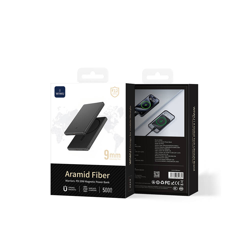 Wiwu Wi-P072 PD 20W M-safe Şarj Özellikli Ultra İnce Aramid Fiber Powerbank 15W 5000mAh - 7