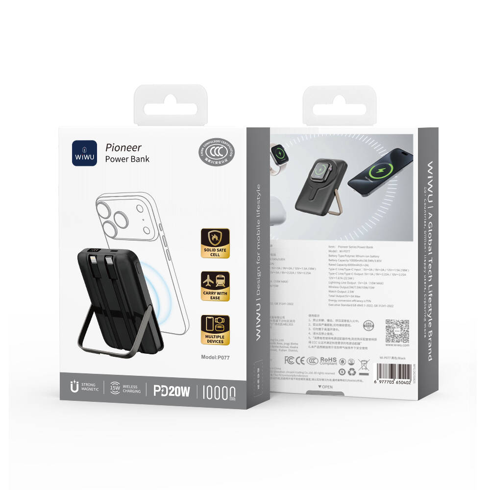 Wiwu Wi-P077 Pionner Serisi Taşınabilir Wireless Şarj ve PD 20W Hızlı Şarj Özellikli Standlı Powerbank 15W 10000mAh - 13