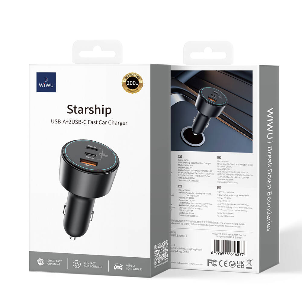 Wiwu Wi-QC026 Starship Serisi Hızlı Şarj Özellikli Dual Type-C + USB-A Portlu Araç Şarj Aleti 200W - 7