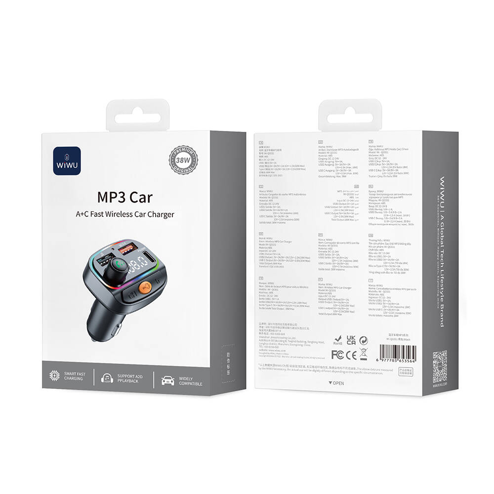 Wiwu Wi-QC031 RGB Bluetooth Transmitter MP3 Type-C ve USB-A Araç Şarjı - 9