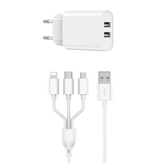 Wiwu Wi-U003 2.1A Çift USB Çıkışlı Hızlı Şarj Seti 3in1 Kablolu Type-C/Lightning/Micro - 2