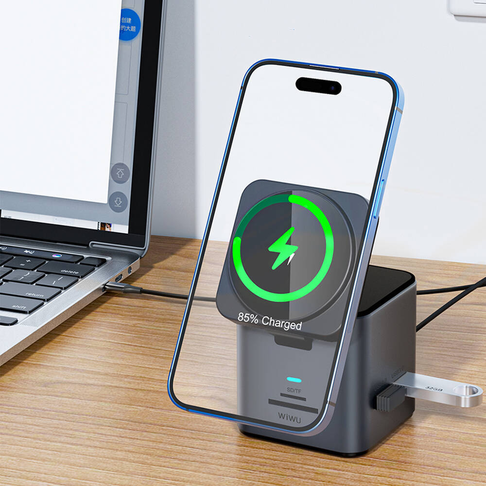 Wiwu Wi-W025 9in1 M-safe Şarj Özellikli Type-C Hub PD 100W USB 3.0 SDTF HDMI RJ45 - 9