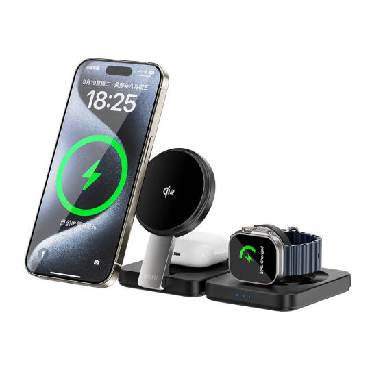Wiwu Wi-W028 Qi2 Şarj Teknolojili Katlanabilir LED Işık Göstergeli 3in1 Kablosuz Şarj Standı - 3