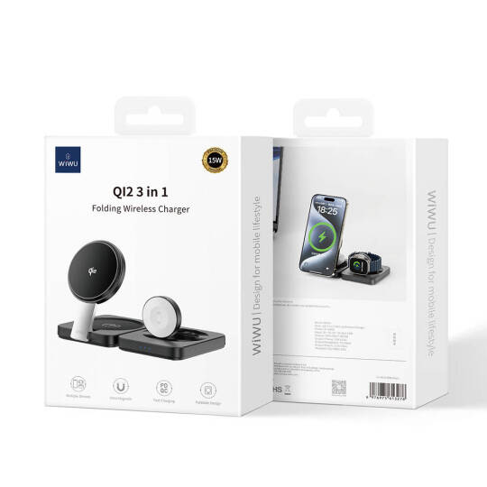 Wiwu Wi-W028 Qi2 Şarj Teknolojili Katlanabilir LED Işık Göstergeli 3in1 Kablosuz Şarj Standı - 7