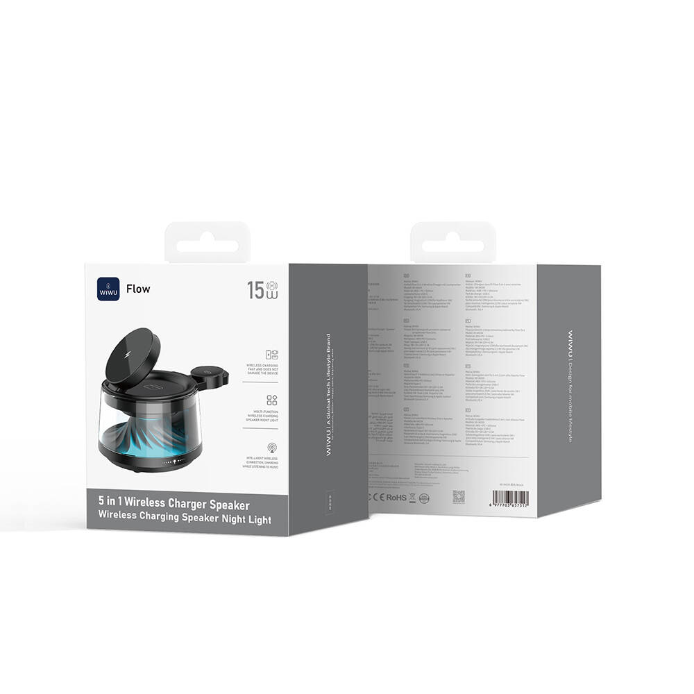 Wiwu Wi-W039 5in1 Kablosuz Şarj Standı Ambiyans Işıklı Bluetooth Speaker Hoparlör Özellikli 15W - 7