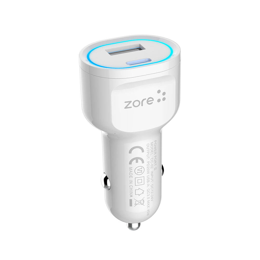 Zore CC-02 Hızlı Şarj Özellikli LED Işıklı QC 3.0 USB-A ve Type-C PD Araç Şarj Başlığı PD 20W - 1